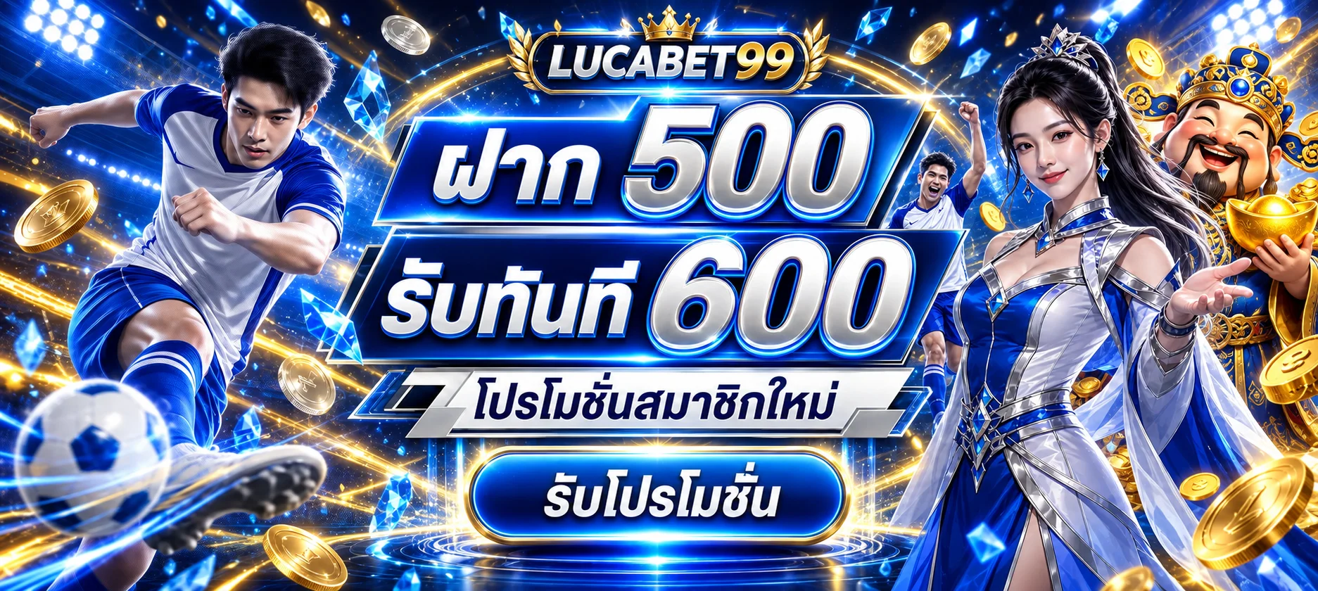 แบนเนอร์ LUCABET99 โปรโมชั่นสมาชิกใหม่โทนน้ำเงินทอง